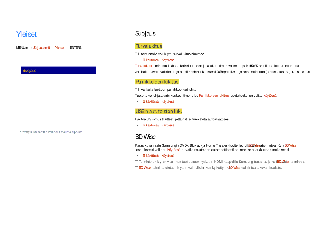 Samsung LH75DMDPLGC/EN, LH65DMDPLGC/EN manual Yleiset, Suojaus, BD Wise 