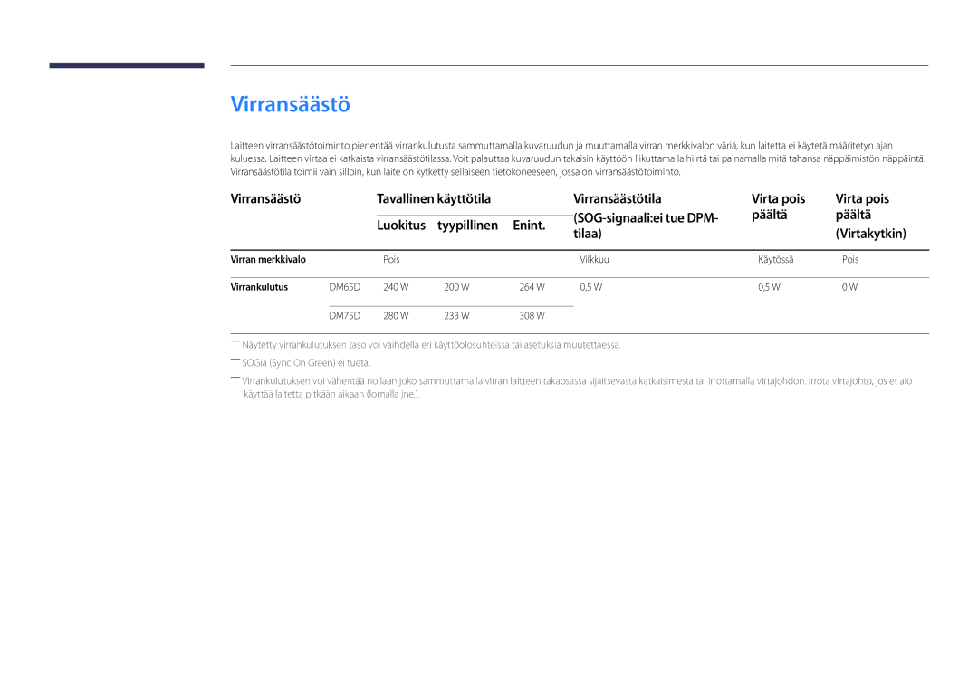 Samsung LH65DMDPLGC/EN, LH75DMDPLGC/EN manual Virransäästö, Virran merkkivalo, Virrankulutus 