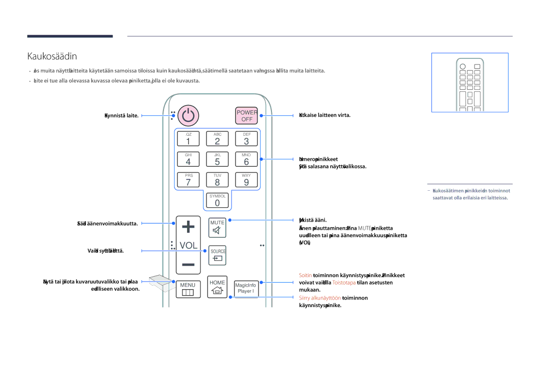 Samsung LH75DMDPLGC/EN, LH65DMDPLGC/EN manual Kaukosäädin, Siirry alkunäyttöön -toiminnon, Käynnistyspainike 