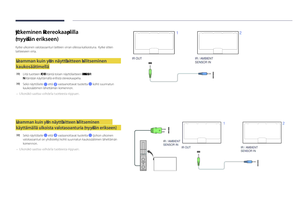 Samsung LH75DMDPLGC/EN, LH65DMDPLGC/EN manual Kytkeminen IR-stereokaapelilla myydään erikseen 