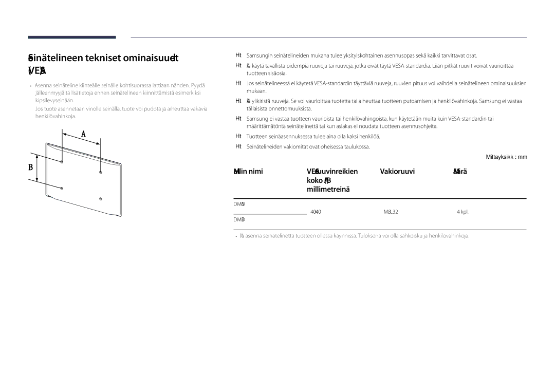 Samsung LH75DMDPLGC/EN, LH65DMDPLGC/EN manual Seinätelineen tekniset ominaisuudet Vesa, Vakioruuvi, Koko a * B Millimetreinä 