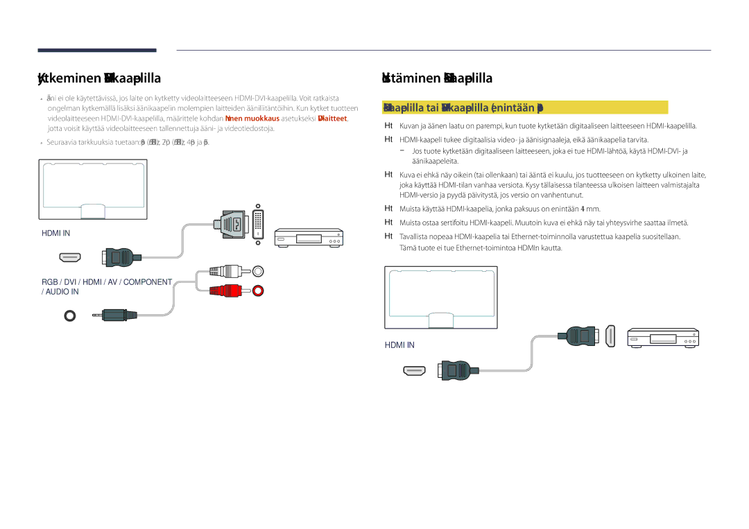 Samsung LH75DMDPLGC/EN manual Kytkeminen HDMI-DVI-kaapelilla, HDMI-kaapelilla tai HDMI-DVI-kaapelilla enintään 1080p 