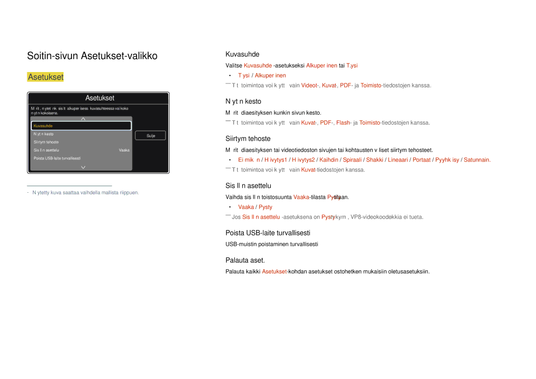 Samsung LH75DMDPLGC/EN, LH65DMDPLGC/EN manual Soitin-sivun Asetukset-valikko, Vaaka / Pysty 