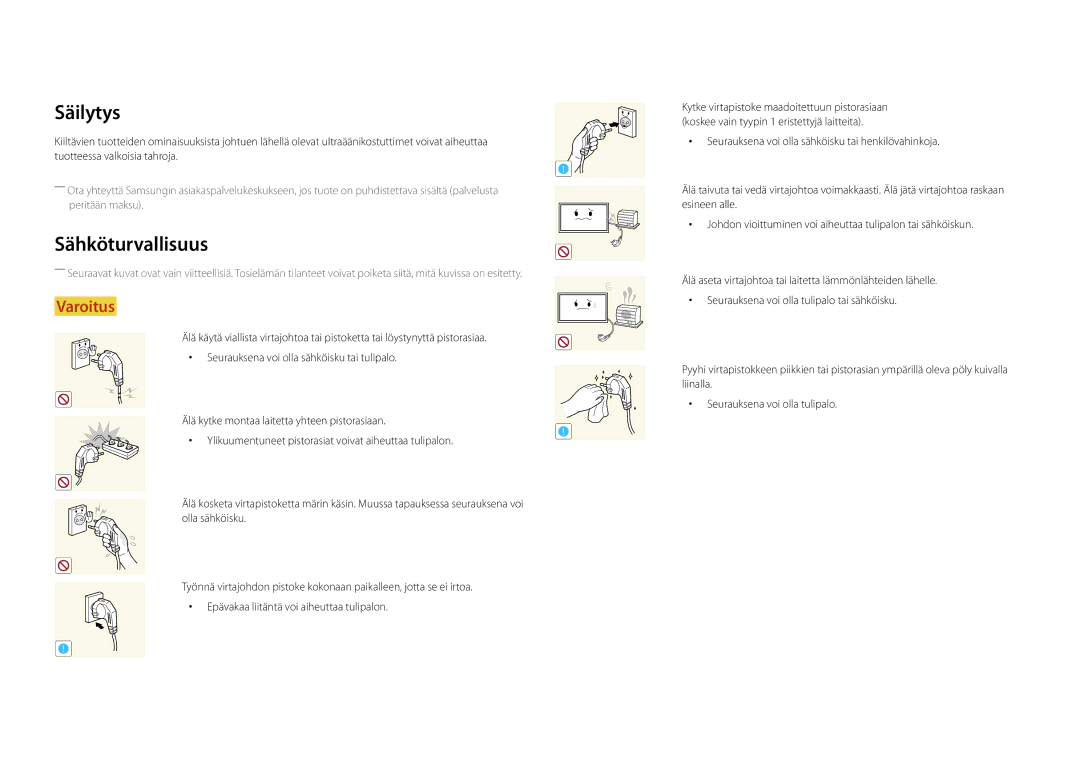 Samsung LH65DMDPLGC/EN, LH75DMDPLGC/EN manual Säilytys, Sähköturvallisuus 
