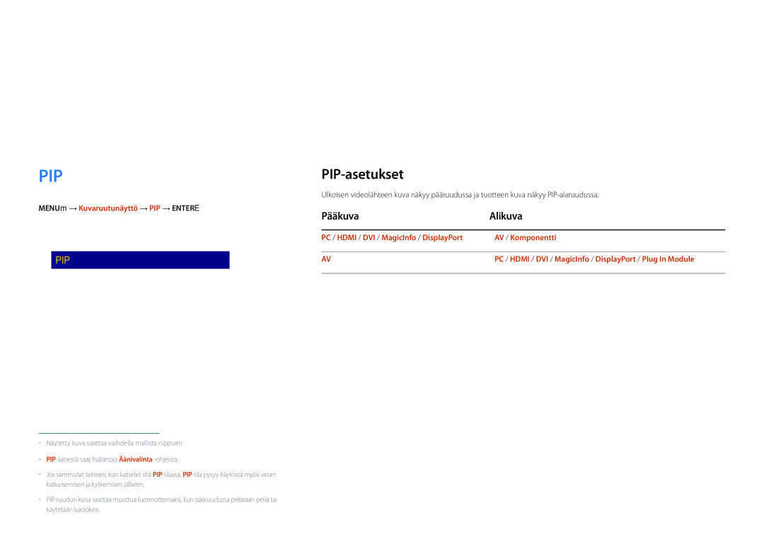 Samsung LH75DMDPLGC/EN, LH65DMDPLGC/EN manual Kuvaruutunäyttö, PIP-asetukset, Pääkuva Alikuva 