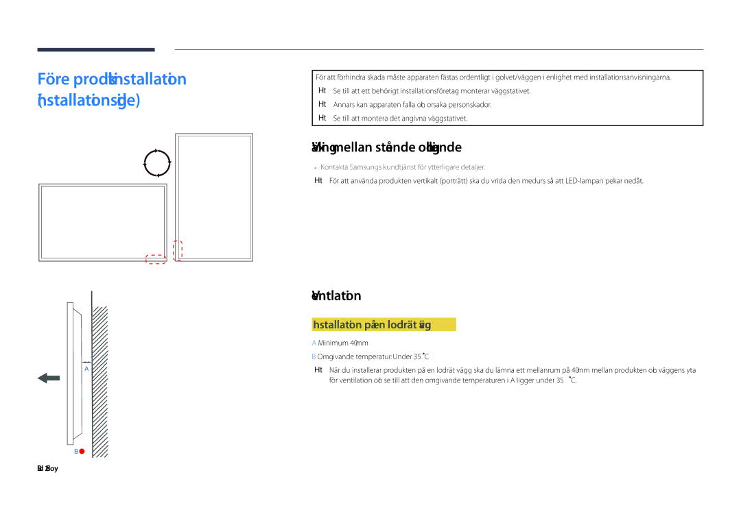 Samsung LH65DMDPLGC/EN Växling mellan stående och liggande, Ventilation, Installation på en lodrät vägg, Bild 1.1 Sidovy 