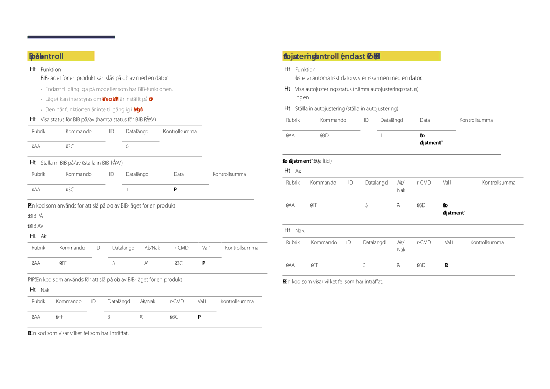 Samsung LH65DMDPLGC/EN manual BIB på-/avkontroll, Autojusteringskontroll endast PC och BNC, Auto Adjustment 0x00 alltid Ack 