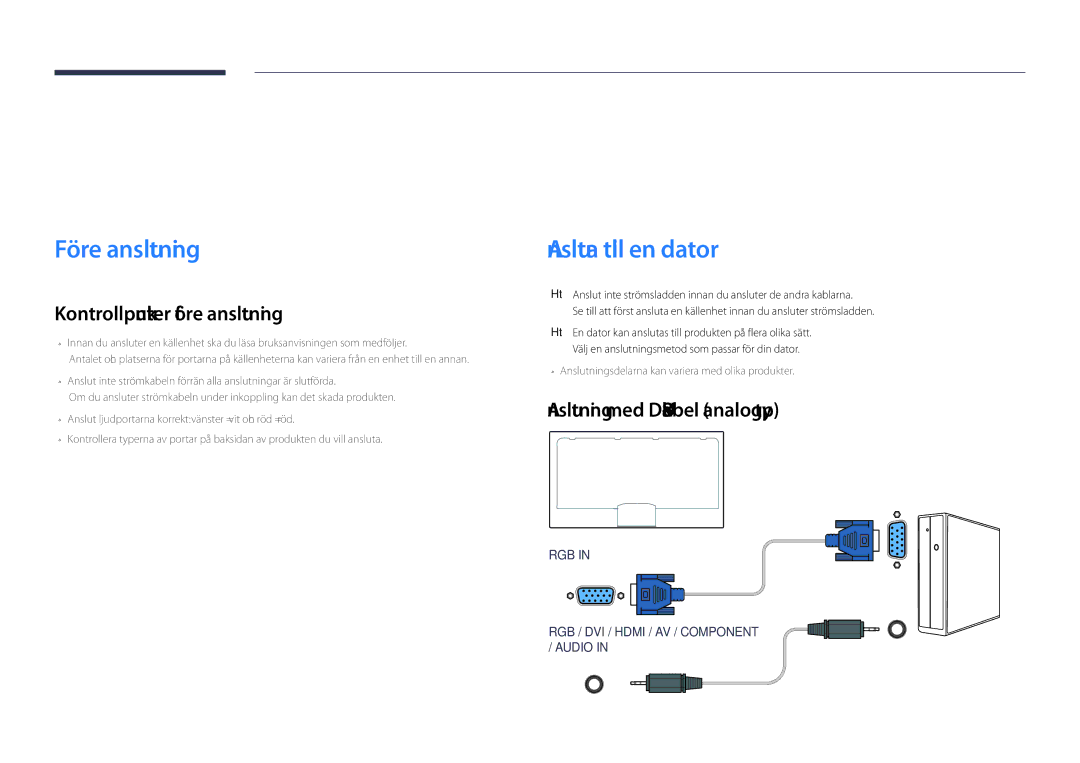 Samsung LH75DMDPLGC/EN, LH65DMDPLGC/EN manual Ansluta och använda en källenhet, Före anslutning, Ansluta till en dator 