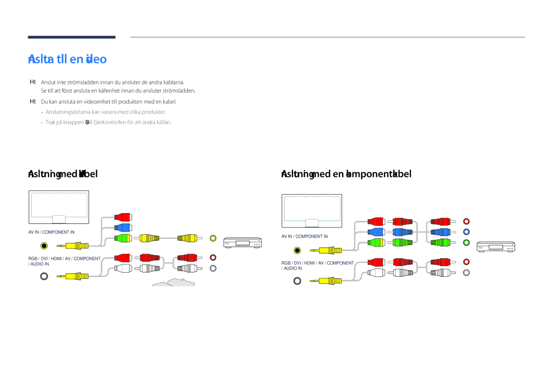 Samsung LH65DMDPLGC/EN, LH75DMDPLGC/EN Ansluta till en video, Anslutning med AV-kabel, Anslutning med en komponentkabel 