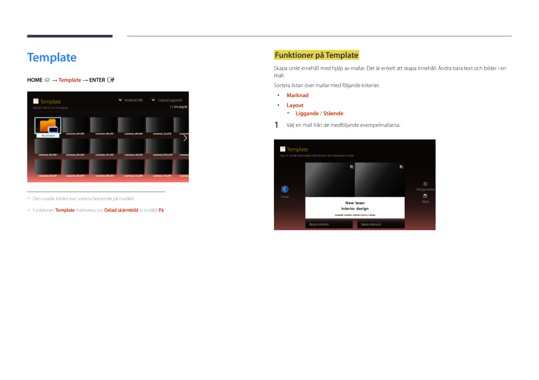 Samsung LH75DMDPLGC/EN, LH65DMDPLGC/EN manual Funktioner på Template, Home → Template → Enter E, Marknad, Layout 