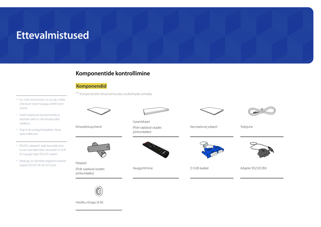 Samsung LH75DMDPLGC/EN, LH65DMDPLGC/EN manual Ettevalmistused, Komponentide kontrollimine, Komponendid 