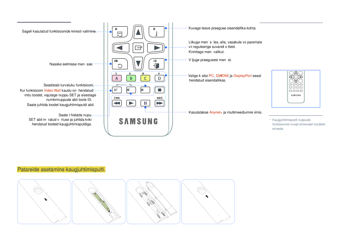 Samsung LH65DMDPLGC/EN manual Patareide asetamine kaugjuhtimispulti, Sageli kasutatud funktsioonide kiiresti valimine 