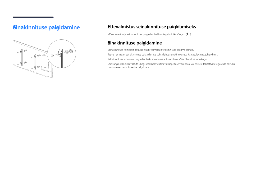 Samsung LH65DMDPLGC/EN, LH75DMDPLGC/EN manual Seinakinnituse paigaldamine, Ettevalmistus seinakinnituse paigaldamiseks 