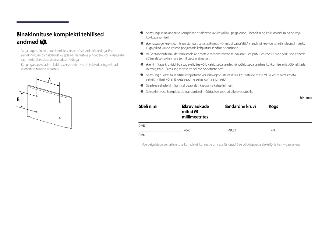 Samsung LH75DMDPLGC/EN, LH65DMDPLGC/EN manual Seinakinnituse komplekti tehnilised andmed Vesa, DM75D 