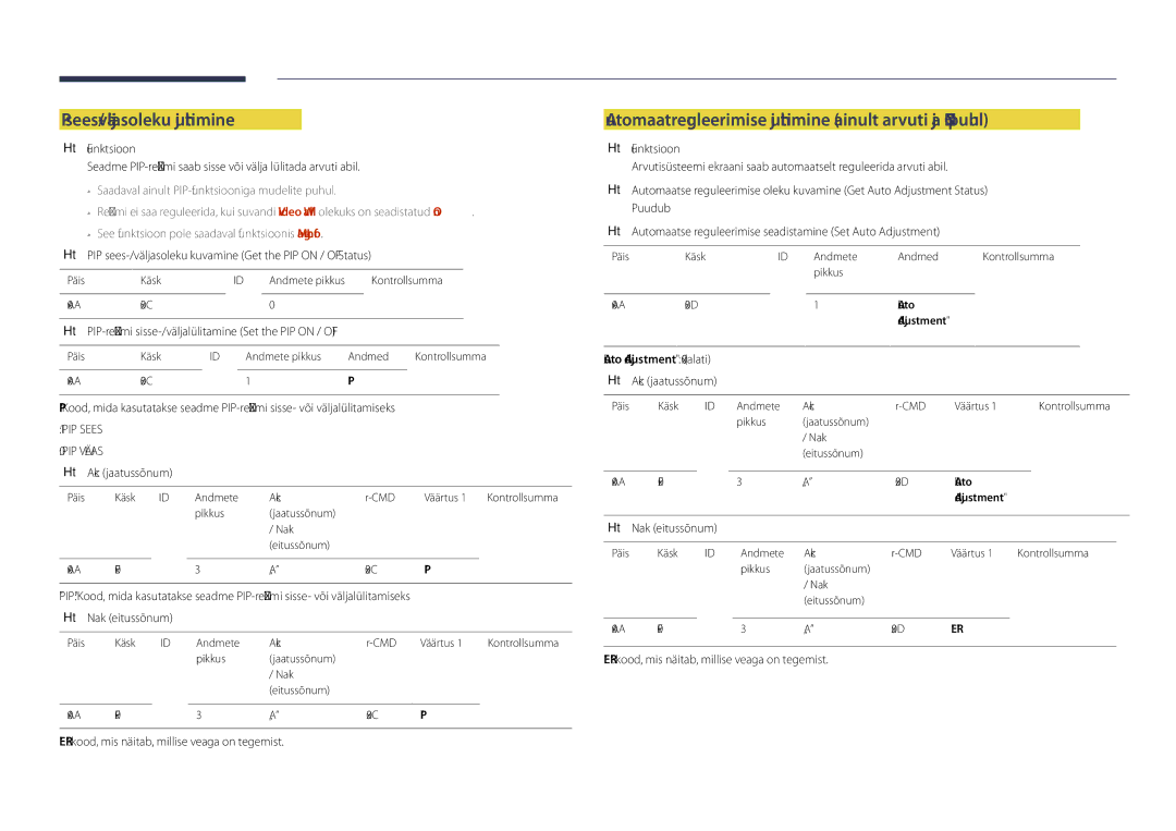 Samsung LH65DMDPLGC/EN manual PIP sees-/väljasoleku juhtimine, Automaatreguleerimise juhtimine ainult arvuti ja BNC puhul 