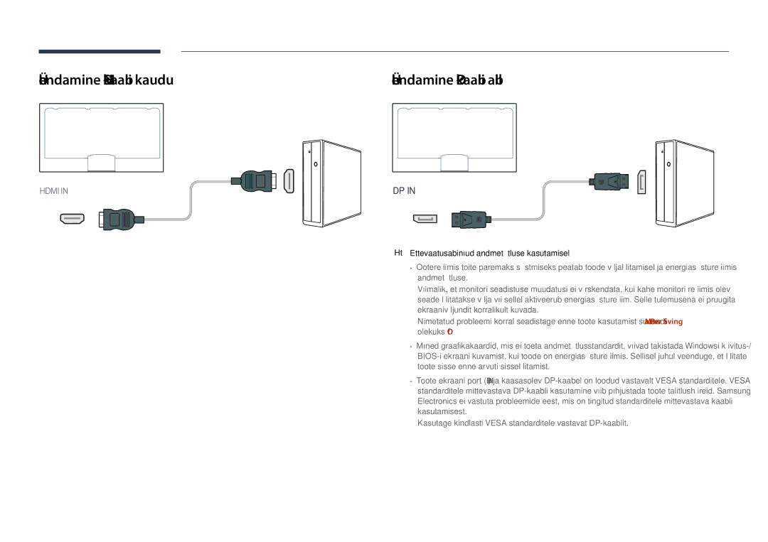 Samsung LH75DMDPLGC/EN, LH65DMDPLGC/EN manual Ühendamine HDMI-kaabli kaudu, Ühendamine DP-kaabli abil 