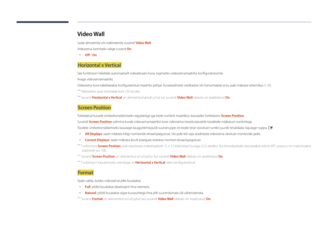 Samsung LH75DMDPLGC/EN, LH65DMDPLGC/EN manual Video Wall, Horizontal x Vertical, Screen Position, Format, Off / On 