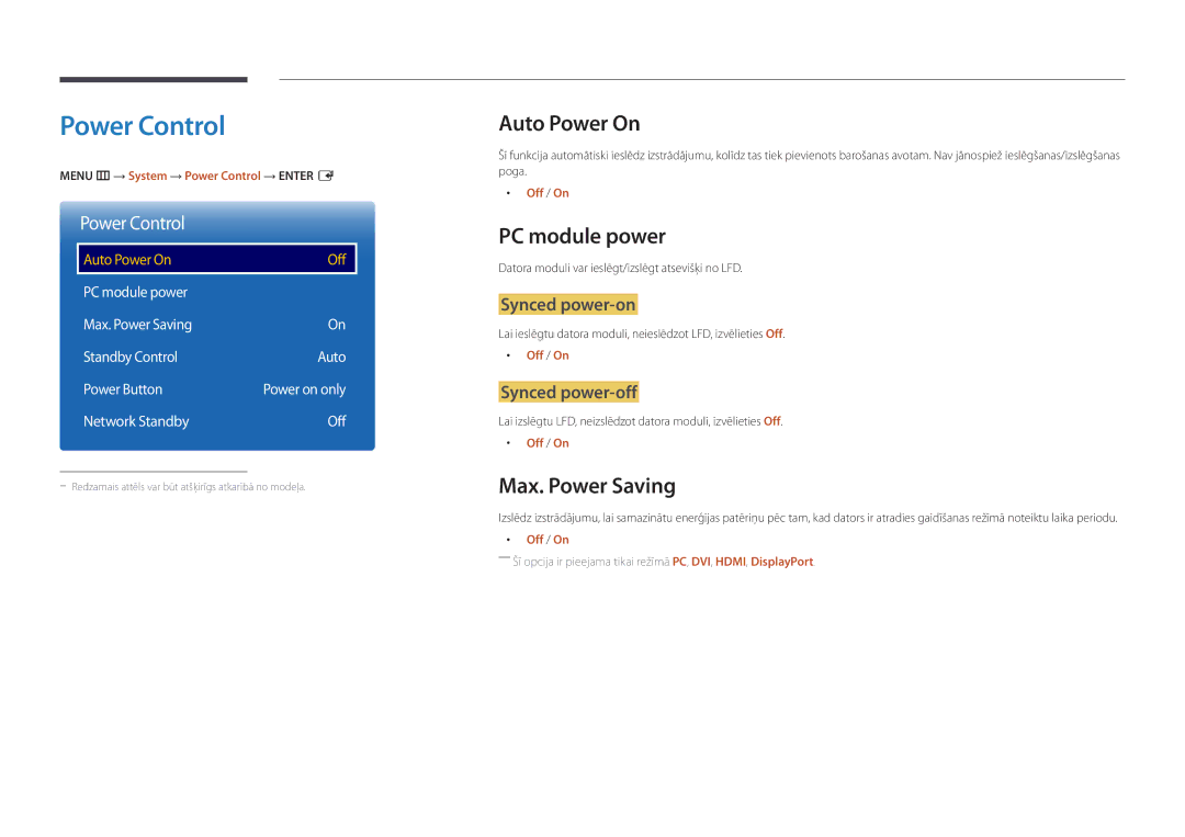 Samsung LH75DMDPLGC/EN, LH65DMDPLGC/EN manual Power Control, Auto Power On, PC module power, Max. Power Saving 