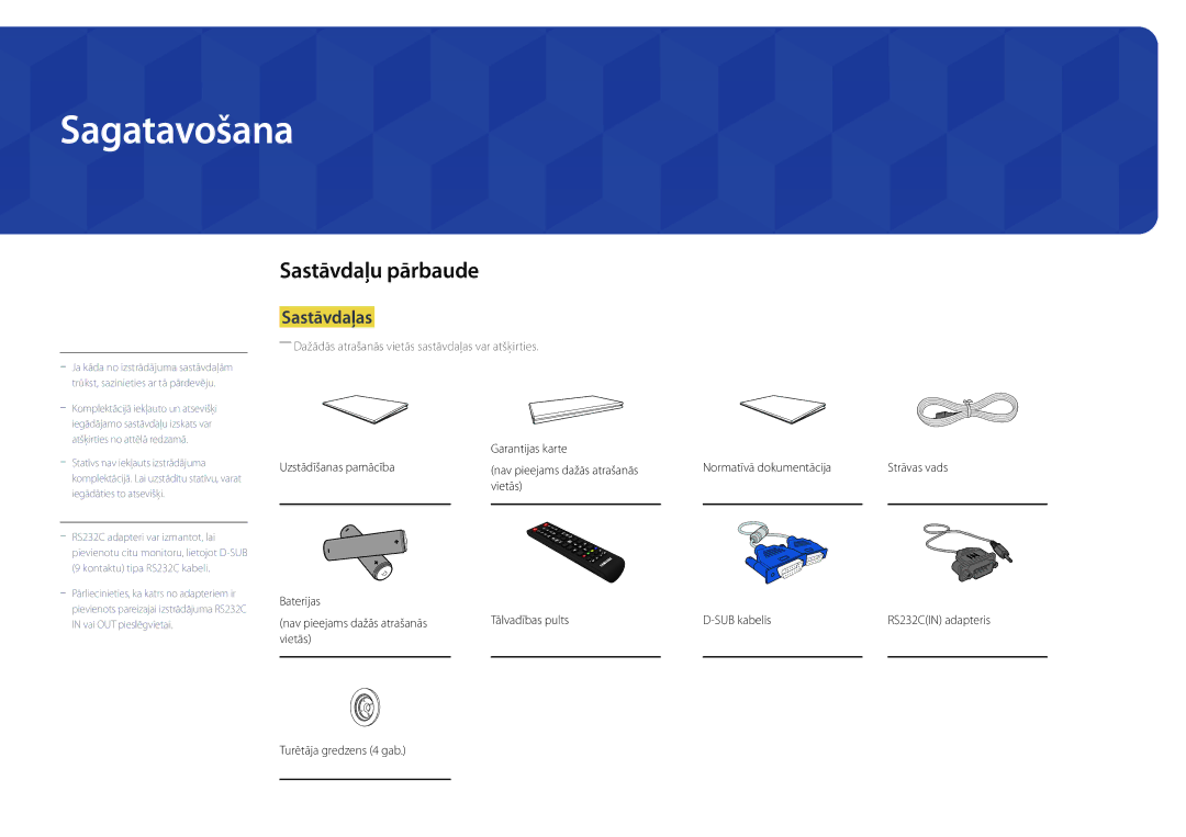 Samsung LH75DMDPLGC/EN, LH65DMDPLGC/EN manual Sagatavošana, Sastāvdaļu pārbaude, Sastāvdaļas, Vietās Turētāja gredzens 4 gab 