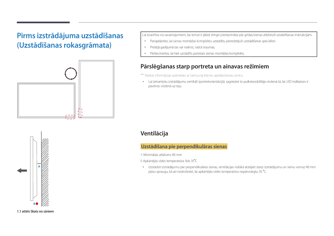 Samsung LH65DMDPLGC/EN manual Pārslēgšanas starp portreta un ainavas režīmiem, Ventilācija, Attēls Skats no sāniem 