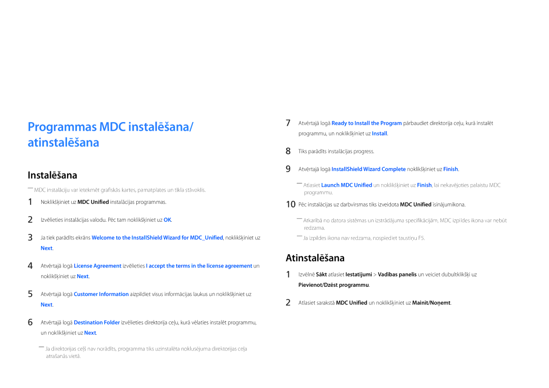 Samsung LH65DMDPLGC/EN, LH75DMDPLGC/EN manual MDC izmantošana, Programmas MDC instalēšana/ atinstalēšana, Atinstalēšana 