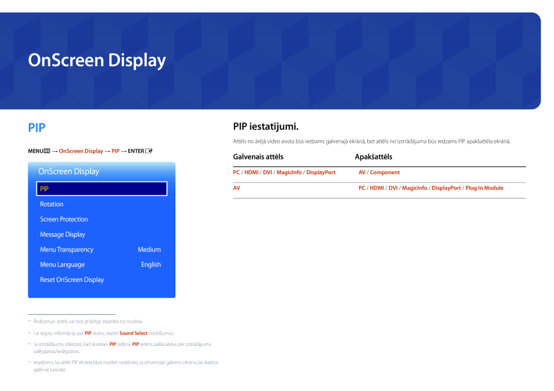 Samsung LH75DMDPLGC/EN, LH65DMDPLGC/EN manual OnScreen Display, PIP iestatījumi, Galvenais attēls Apakšattēls 