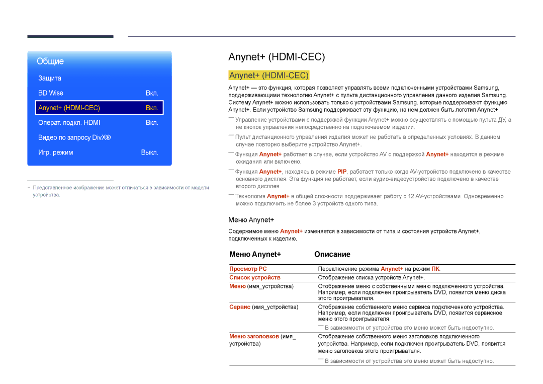 Samsung LH65DMDPLGC/EN, LH75DMDPLGC/EN manual Anynet+ HDMI-CEC, Меню Anynet+ Описание, Защита BD Wise Вкл 