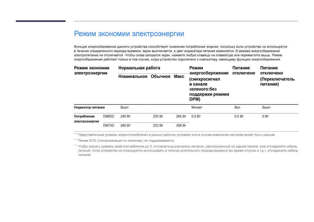 Samsung LH65DMDPLGC/EN Режим экономии электроэнергии, Индикатор питания Выкл Мигает Вкл Потребление, 280 Вт 233 Вт 308 Вт 