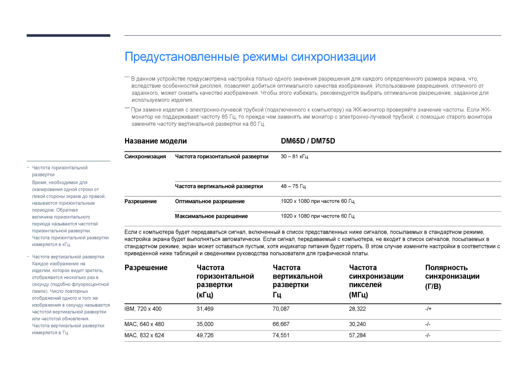 Samsung LH75DMDPLGC/EN Предустановленные режимы синхронизации, Название модели DM65D / DM75D, Максимальное разрешение 