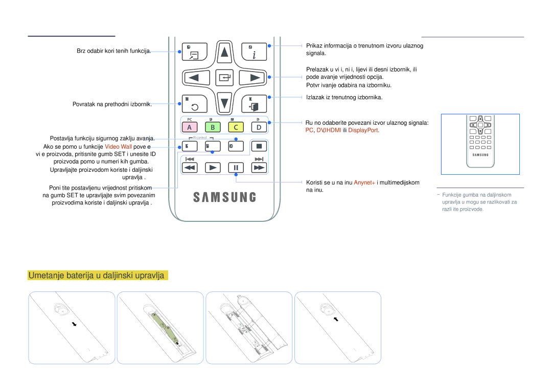 Samsung LH65DMDPLGC/EN, LH75DMDPLGC/EN manual Umetanje baterija u daljinski upravljač, Brz odabir korištenih funkcija 