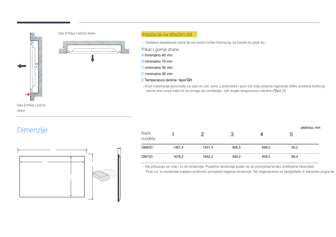 Samsung LH75DMDPLGC/EN manual Dimenzije, Instalacija na izbočen zid, Prikaz s gornje strane, Naziv Modela, Jedinica mm 