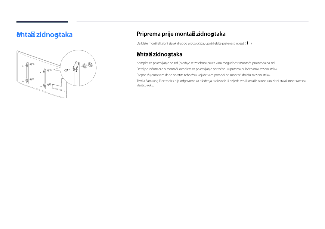 Samsung LH65DMDPLGC/EN, LH75DMDPLGC/EN manual Montaža zidnog stalka, Priprema prije montaže zidnog stalka 