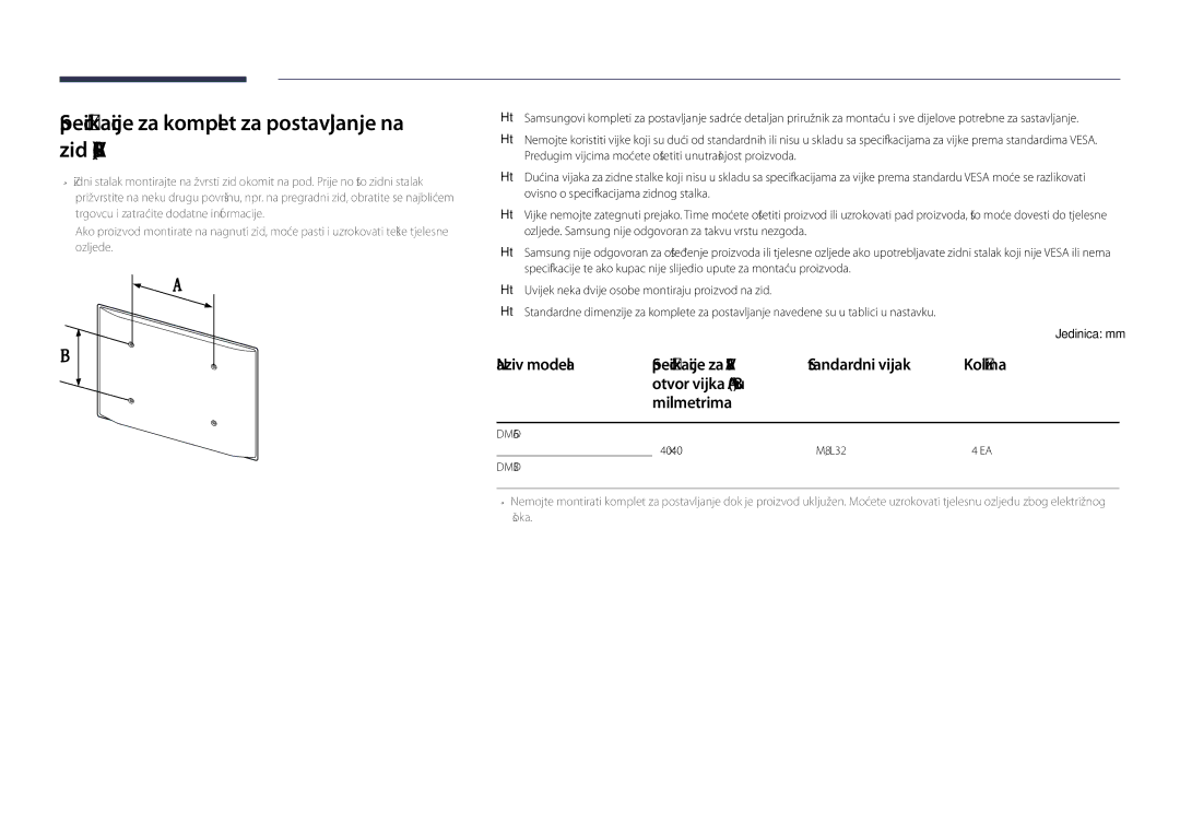 Samsung LH75DMDPLGC/EN, LH65DMDPLGC/EN manual Specifikacije za komplet za postavljanje na zid Vesa 