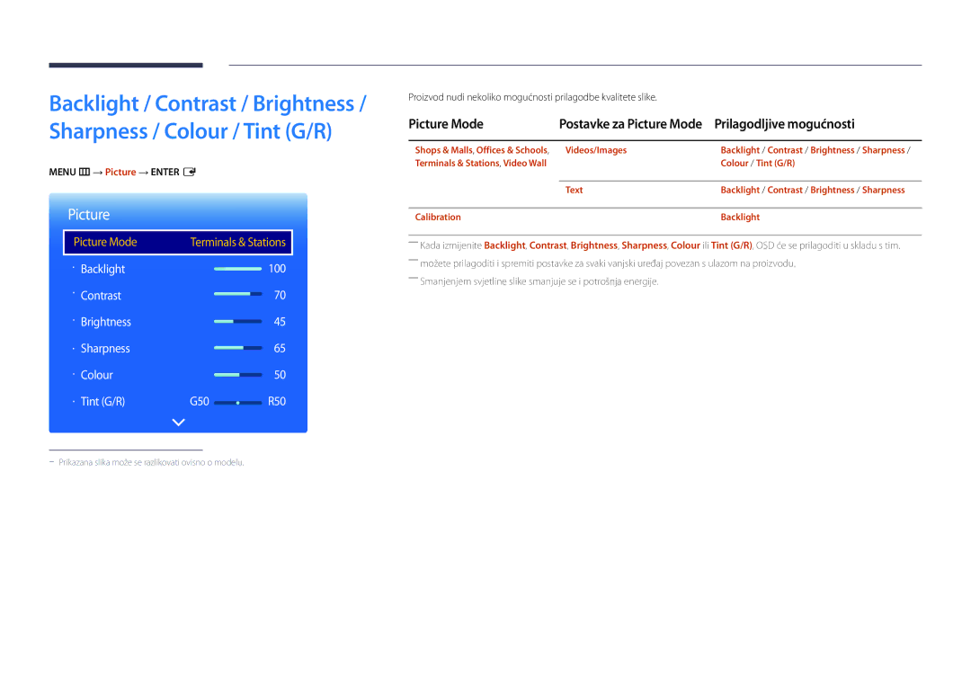 Samsung LH75DMDPLGC/EN, LH65DMDPLGC/EN manual Picture Mode, Prilagodljive mogućnosti, Menu m → Picture → Enter E 