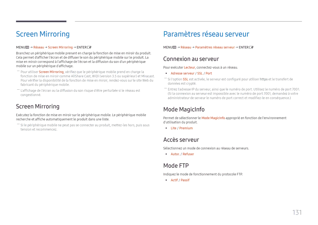 Samsung LH65DMEXTBC/EN manual Screen Mirroring, Paramètres réseau serveur, 131 
