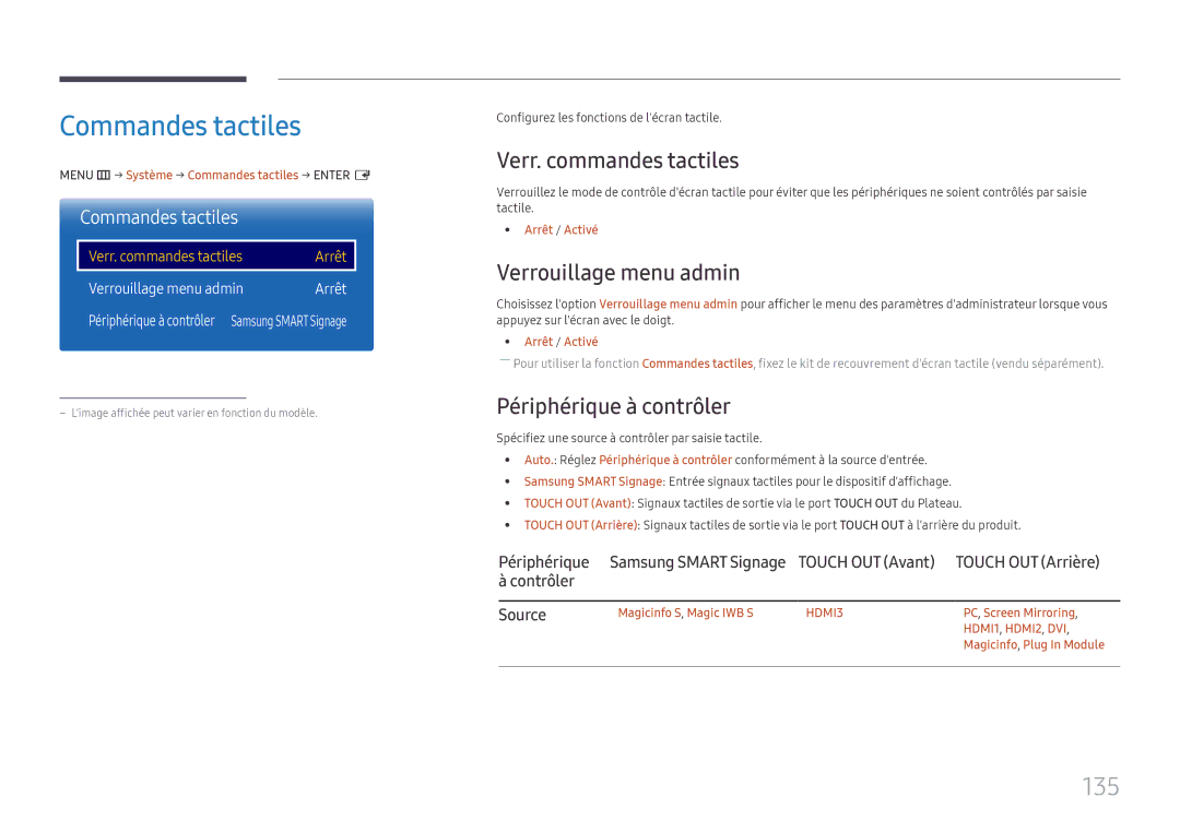 Samsung LH65DMEXTBC/EN manual Commandes tactiles, 135, Verr. commandes tactiles, Verrouillage menu admin 