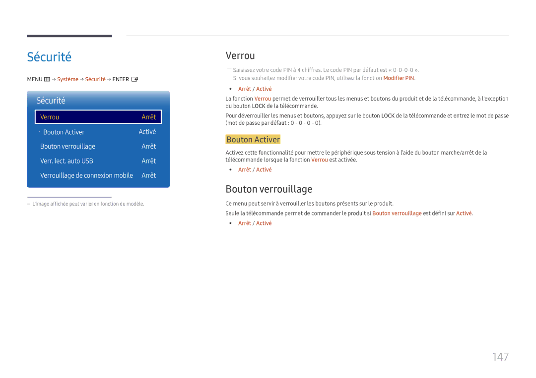 Samsung LH65DMEXTBC/EN manual Sécurité, 147, Verrou, Bouton verrouillage 