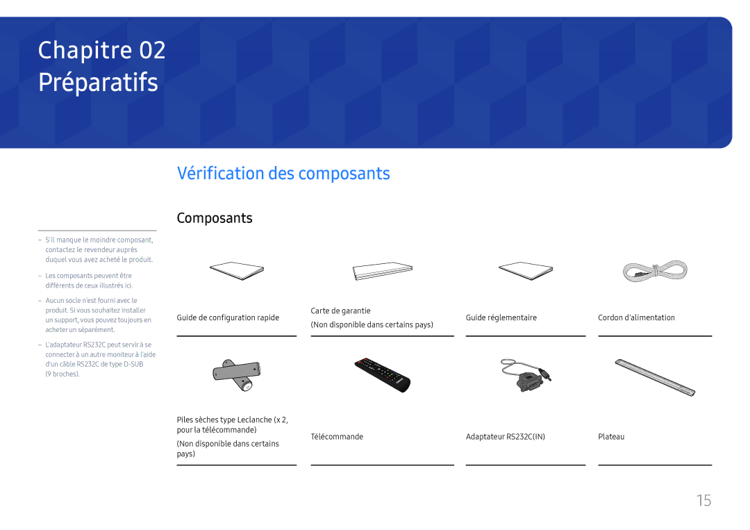 Samsung LH65DMEXTBC/EN manual Préparatifs, Vérification des composants, Composants, Non disponible dans certains pays 