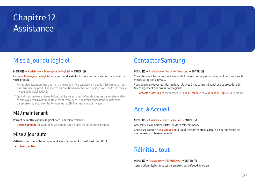 Samsung LH65DMEXTBC/EN manual Assistance, Mise à jour du logiciel, Contacter Samsung, Acc. à Accueil, Réinitial. tout 