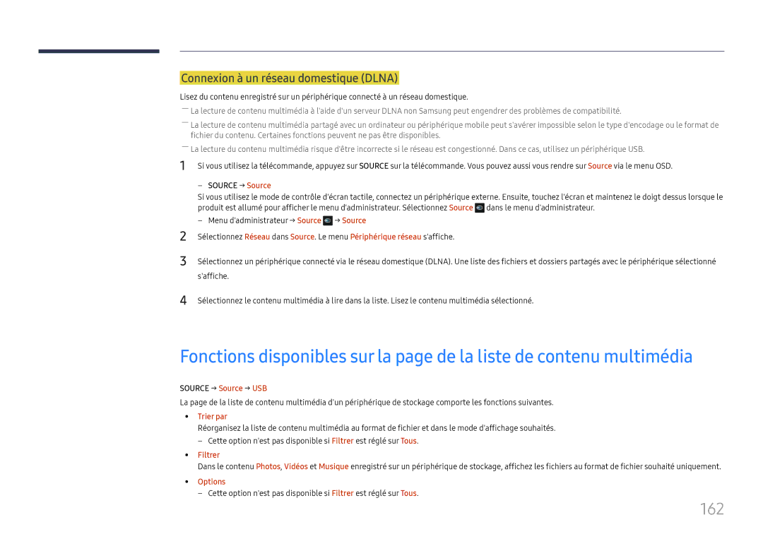 Samsung LH65DMEXTBC/EN manual 162, Connexion à un réseau domestique Dlna, Source → Source → USB, Filtrer 