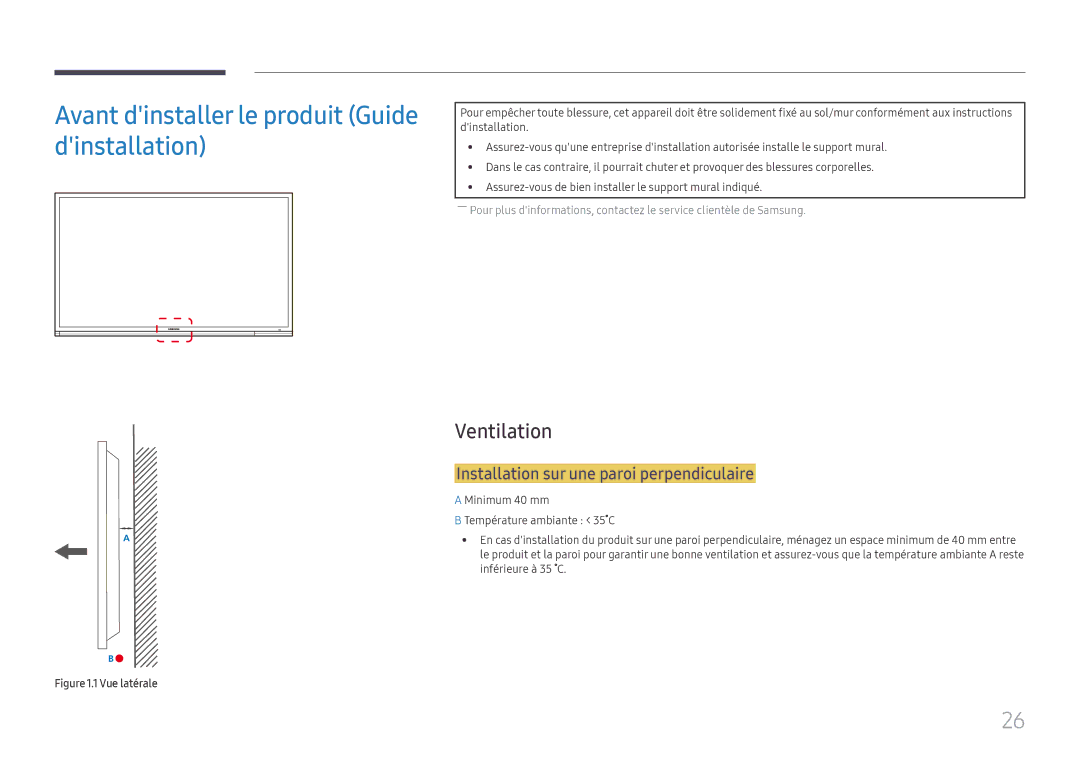 Samsung LH65DMEXTBC/EN manual Avant dinstaller le produit Guide dinstallation, Ventilation 