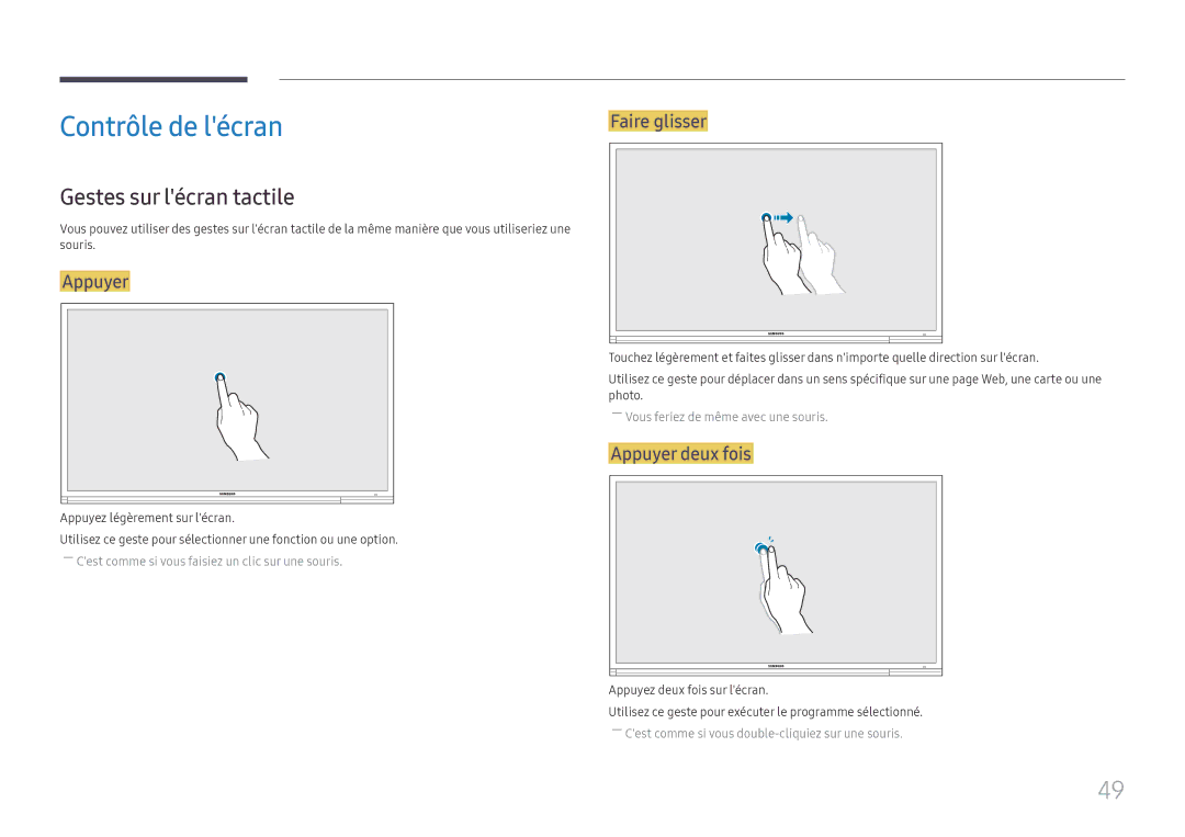 Samsung LH65DMEXTBC/EN manual Contrôle de lécran, Gestes sur lécran tactile, Faire glisser, Appuyer deux fois 
