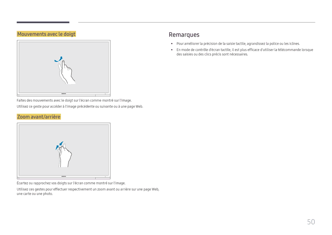 Samsung LH65DMEXTBC/EN manual Remarques, Mouvements avec le doigt, Zoom avant/arrière 