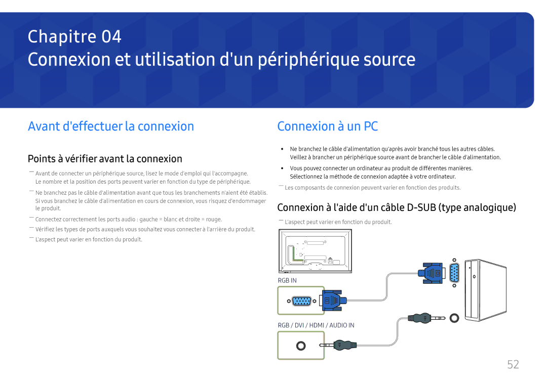 Samsung LH65DMEXTBC/EN manual Connexion et utilisation dun périphérique source, Avant deffectuer la connexion 