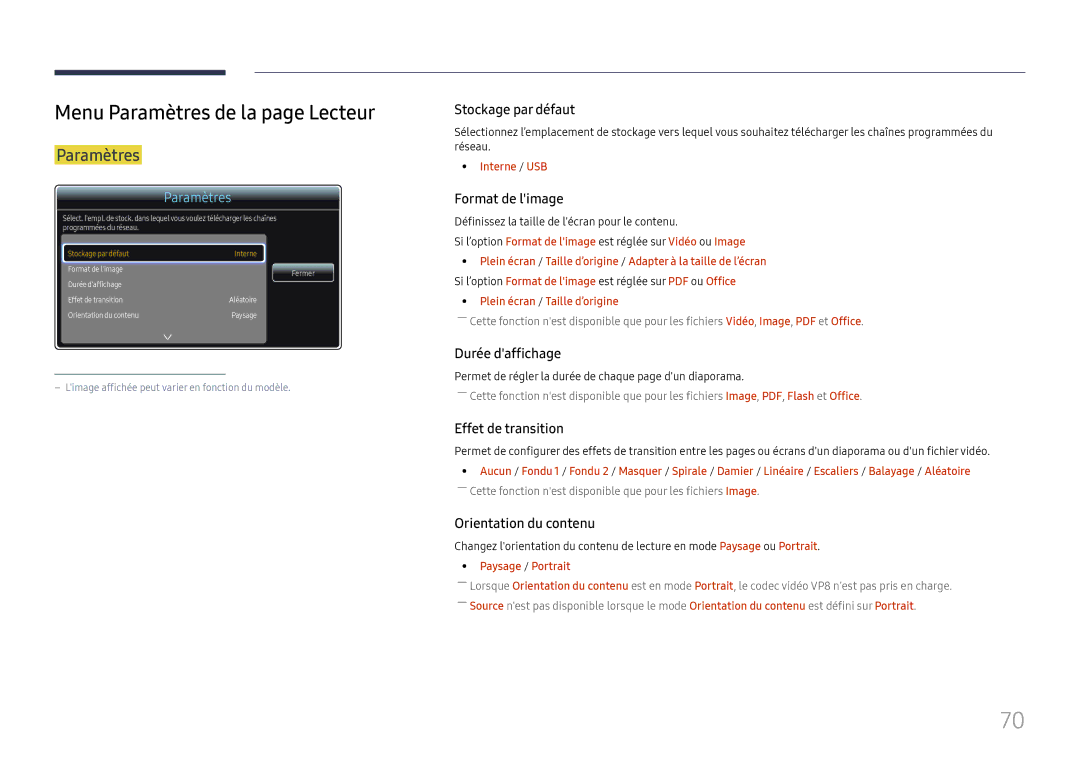 Samsung LH65DMEXTBC/EN manual Menu Paramètres de la page Lecteur 