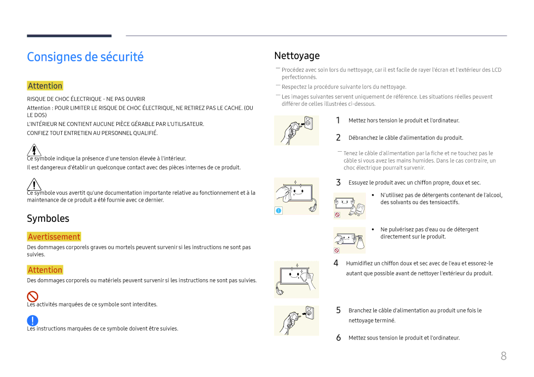 Samsung LH65DMEXTBC/EN manual Consignes de sécurité, Symboles, Nettoyage, Mettez hors tension le produit et lordinateur 