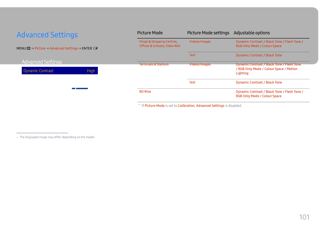 Samsung LH65DMEXTBC/EN manual Advanced Settings, 101, Picture Mode 