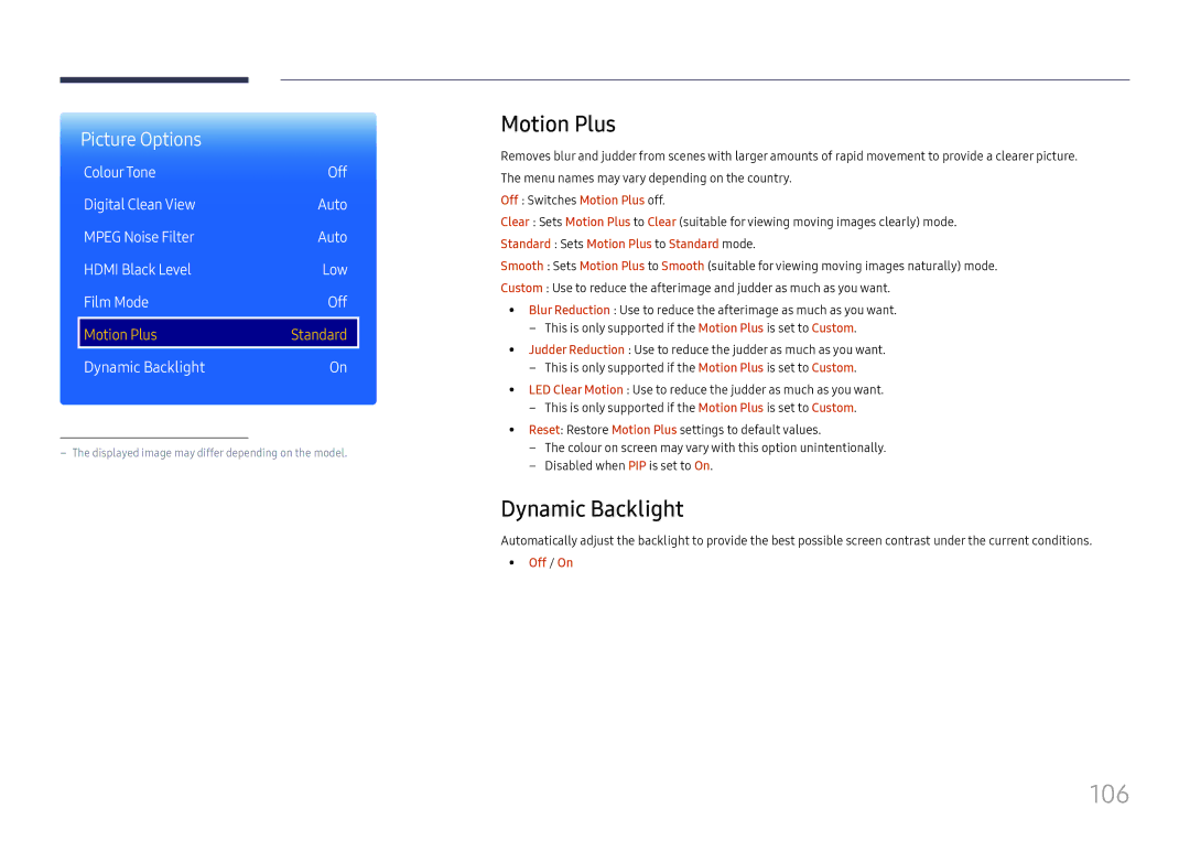 Samsung LH65DMEXTBC/EN manual 106, Dynamic Backlight, Off Switches Motion Plus off 