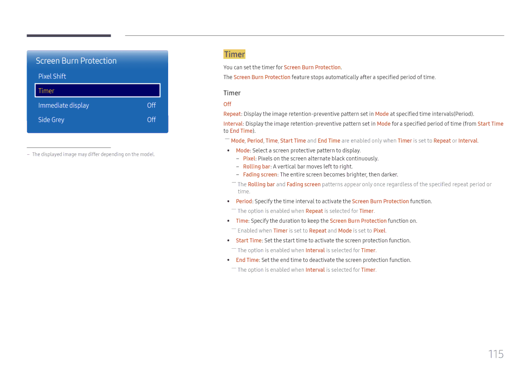 Samsung LH65DMEXTBC/EN manual 115, Screen Burn Protection, Timer 
