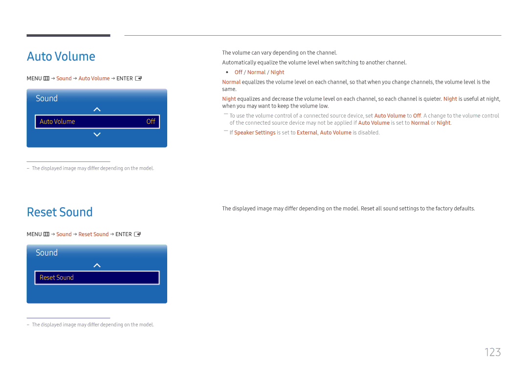 Samsung LH65DMEXTBC/EN manual Auto Volume, Reset Sound, 123 